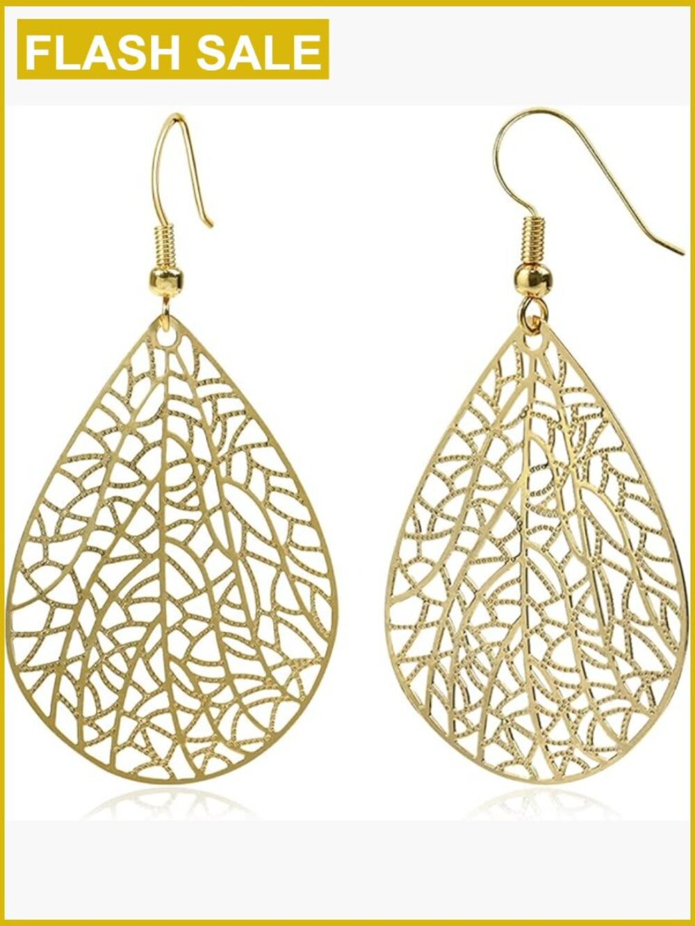 14K Gold Plated Teardrop Filigree Dangle Earrings Lightweight Leaf Drop